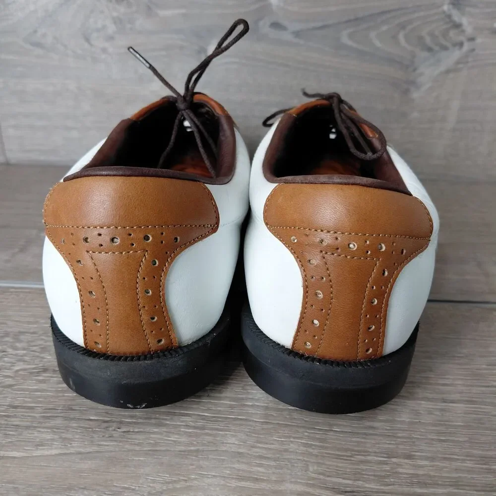 Footjoy Dryjoy Golf Shoes Men 9 White Brown Leather Saddle Waterproof Soft Spike
